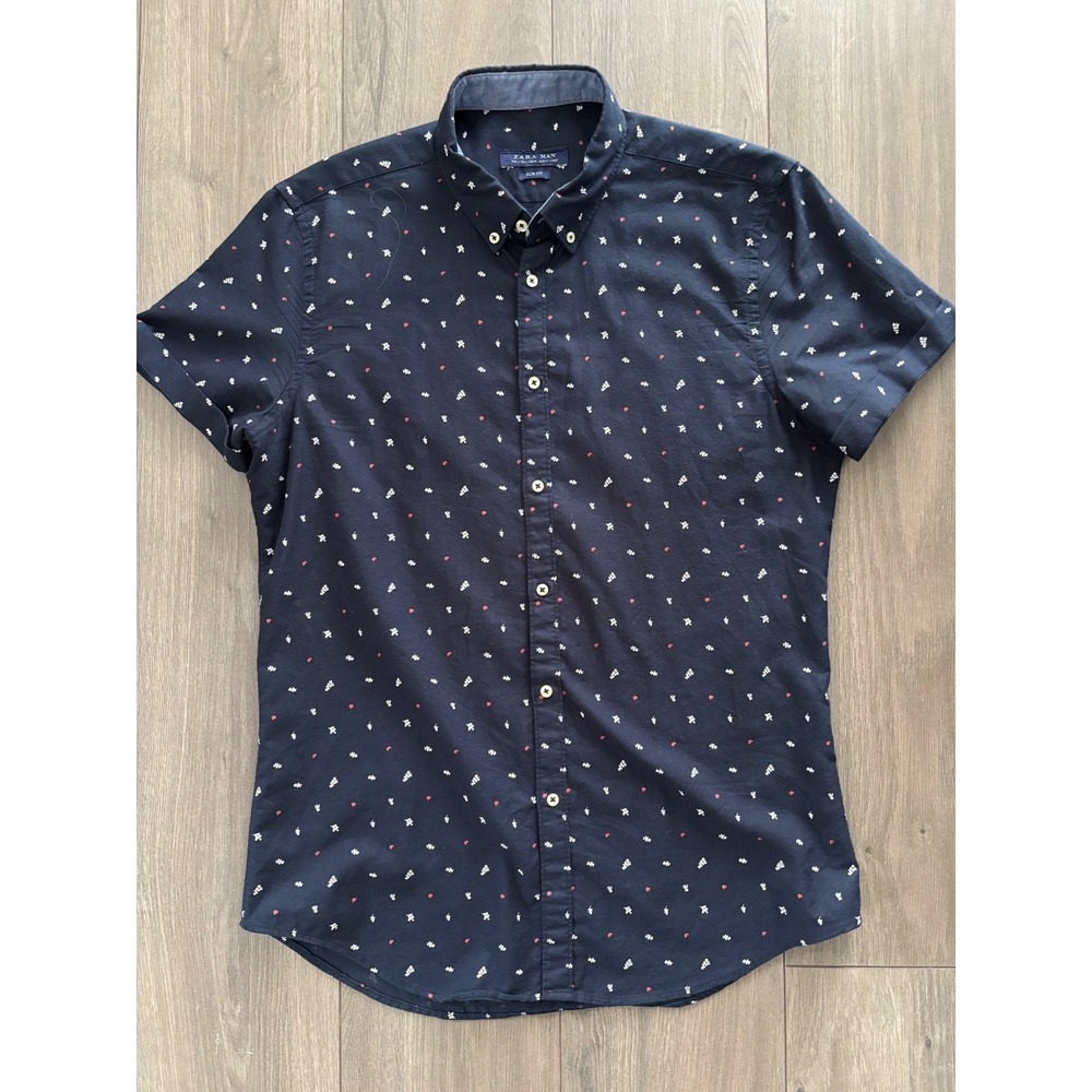 Zara Man Button Down Shirt Mens Medium Navy Blue Floral Slim Fit Short Sleeve